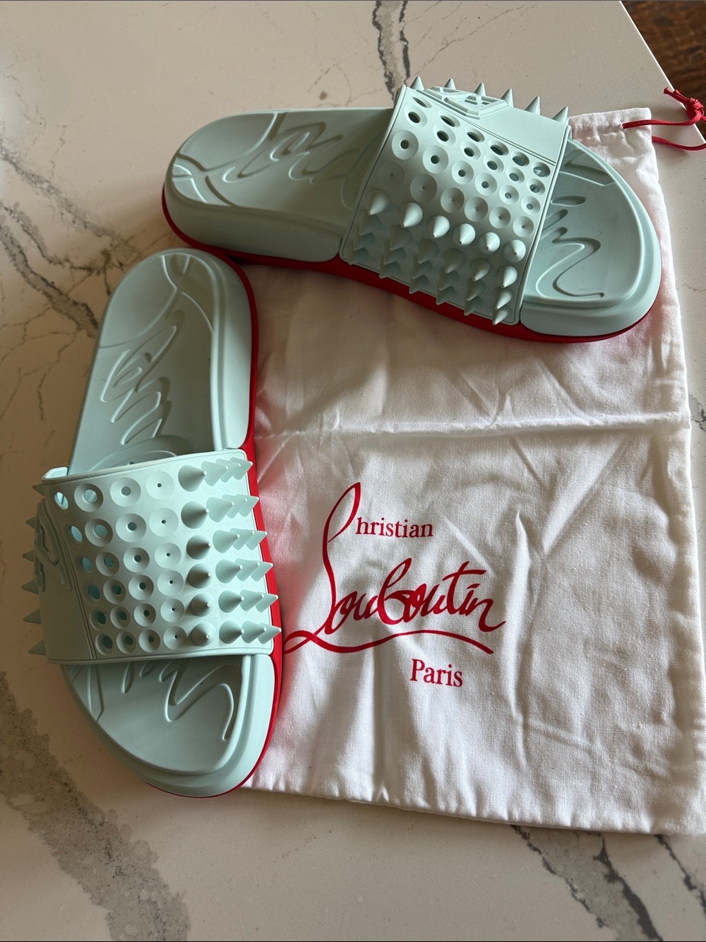 Mint green Christian Louboutin Rubber Take It Easy Flat Slide Sandals